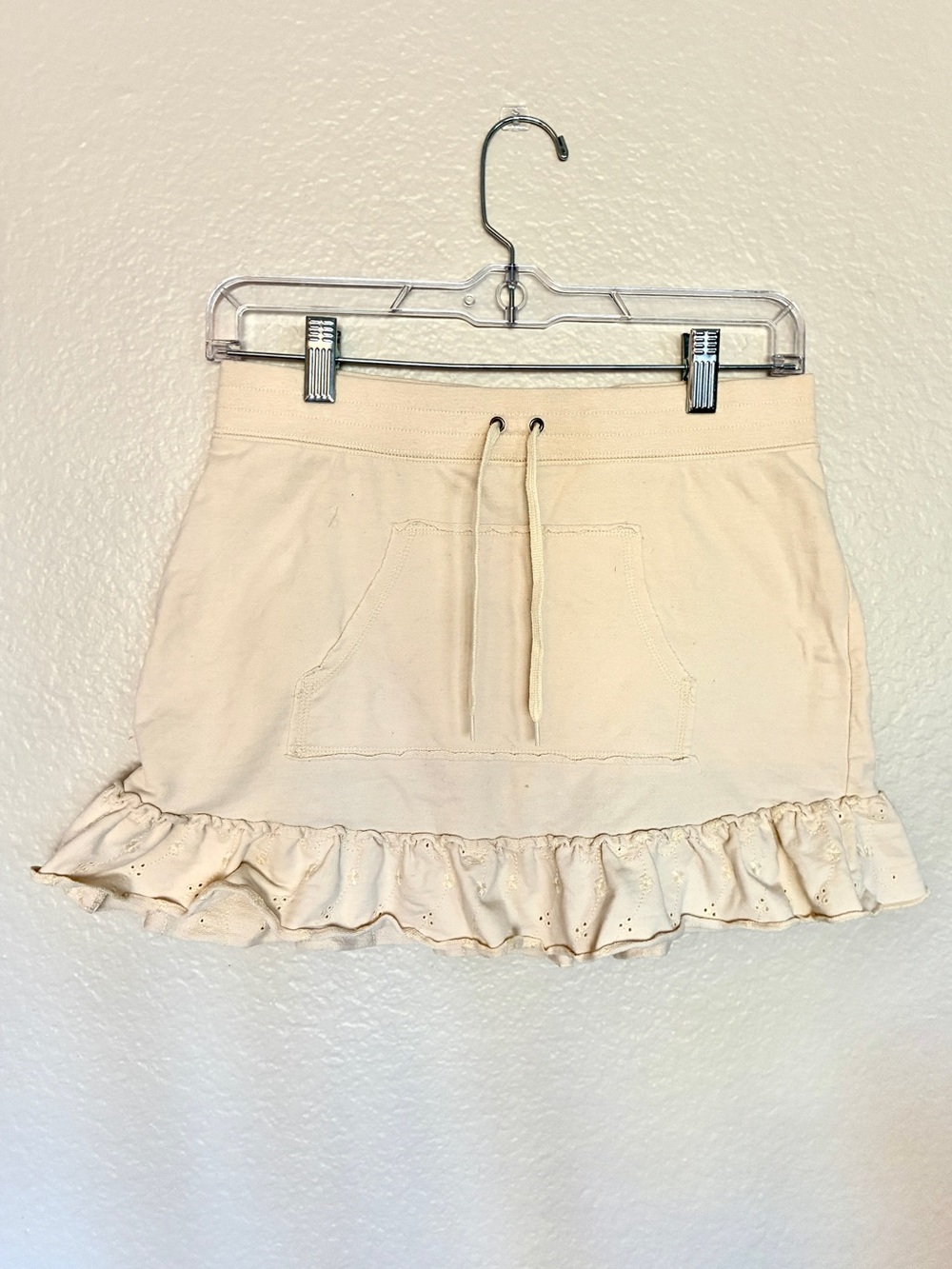 greendog 100% Cotton Mini Skirt w/ Front Pocket Ruffle Neutral Cream Y2K 2000s